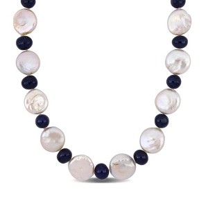 EVERLY JEWELRY | Sterling Silver 16-17mm White Coin and 9.5-10mm Blue Cultured Freshwater Round Pearl Strand Necklace, 19 inc - 1 of 4