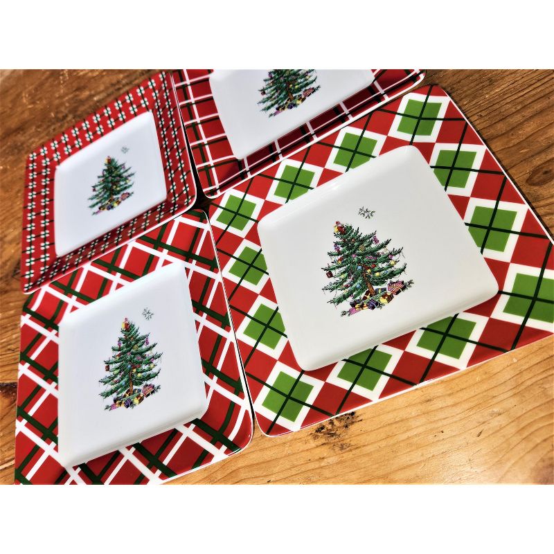 Spode Christmas Tree Tartan Square Canape Plate, Set of 4 Plates for Salad, Appetizers, Sweets and Desserts, 3 of 7