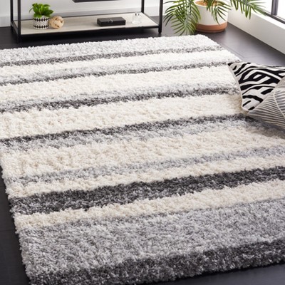 Ivory and Grey Striped Synthetic Shag Area Rug