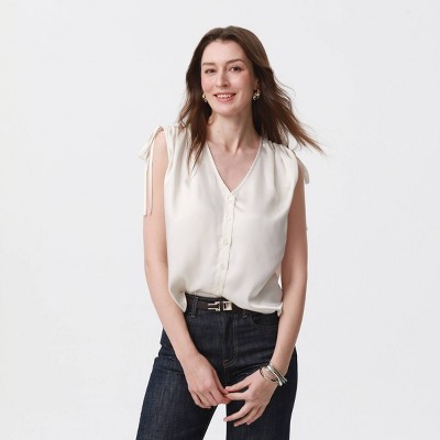 Women's Satin Tie Button-Down Shirt - A New Day™ Cream XL