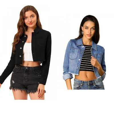INSPIRE CHIC Women's Turn Down Frayed Button Down Washed Cropped Denim Jacket 2 Packs