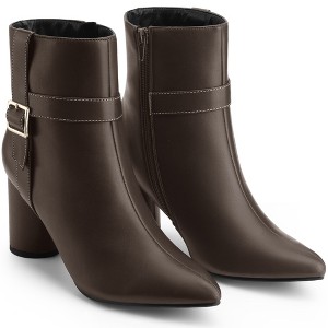 BLISSFUL STEP Women's Pointed Toe Block Chunky Heel Buckle Decor Ankle Boots - 1 of 4