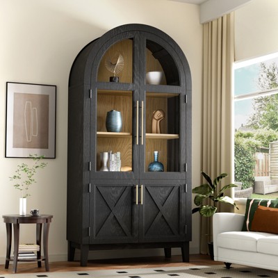 FURNIinspire Storage Sheds Arched Top Kitchen Storage Cabinet With Transparent Glass Door, Modern Design, Black And Brown, 36"*18"*74"