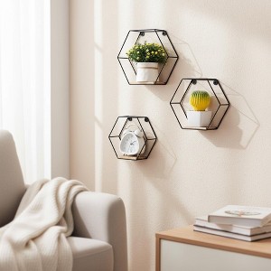 Homy Casa Wall Mounted Metal & Wood Floating Shelves Set of 3, Black - 1 of 4