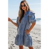 Amaryllis Women's Denim Ruffle Collar Dress Vintage-Inspired Puff Sleeve Relaxed Fit Boho-Chic Tunic - 4 of 4