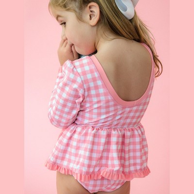 RuffleButts Girls UPF50+ Long Sleeve One Piece Bow Peplum Rash Guard Swimsuit - Bubblegum Pink Gingham, 6 — фото 4