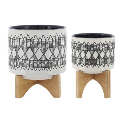 Set Of 2 Geometric Ceramic Planters On Wooden Stand Gray - Sagebrook ...