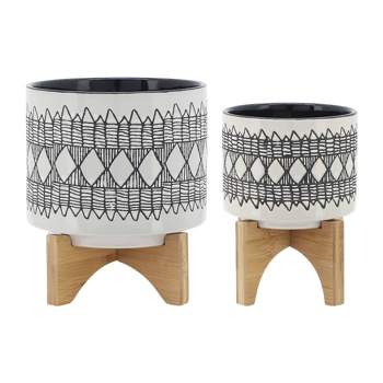 Set of 2 Geometric Ceramic Planters on Wooden Stand Gray - Sagebrook Home