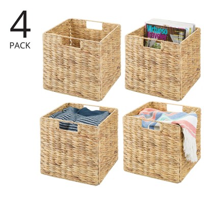 Natural Wicker Cube Storage Bins with Handles, Set of 4