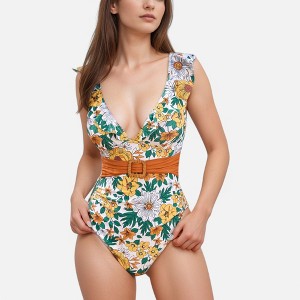 Anna-Kaci Swim Women's Ruffle Trim One Piece Swimsuit with Deep V Neckline and Decorative Belt Detail - 1 of 4