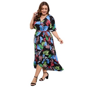 Clearlove Women's Spring and Summer Plus Size Floral V Neck Short Sleeve A Line Long Dress - 1 of 4