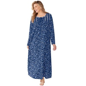 Dreams & Co. Plus Size Floral Knit Gown - 4X, Evening Blue Ivory - 1 of 4
