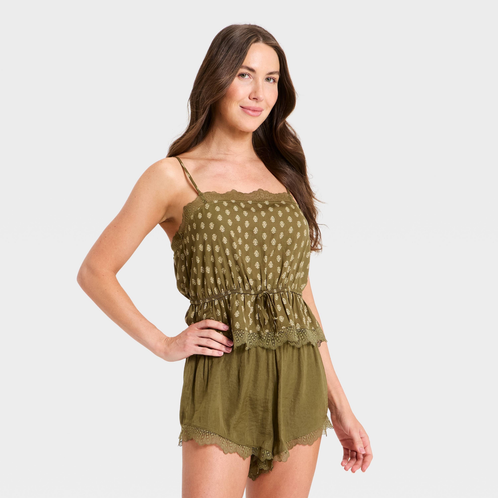 Women's Luxury Collection Lace Trim Satin Cami - Auden™ Olive Block Printed M