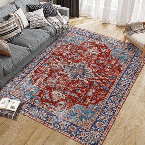 Acekool 2x6 Vintage Blue Washable Runner Rug, Non-Slip Oriental Medallion Low Pile Accent Carpet for Hallway, Entryway, Kitchen - 1 of 4