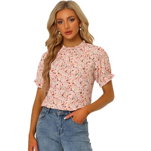 INSPIRE CHIC Women's Ruffled Short Sleeve Floral Mock Neck Summer Top - 1 of 4