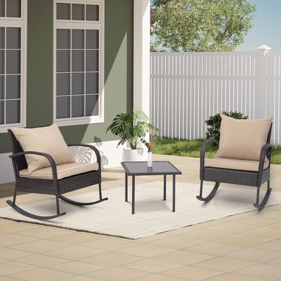 3pc Outdoor Wicker Rattan Rocking Chairs with Glass Top Table - Tan - Crestlive Products