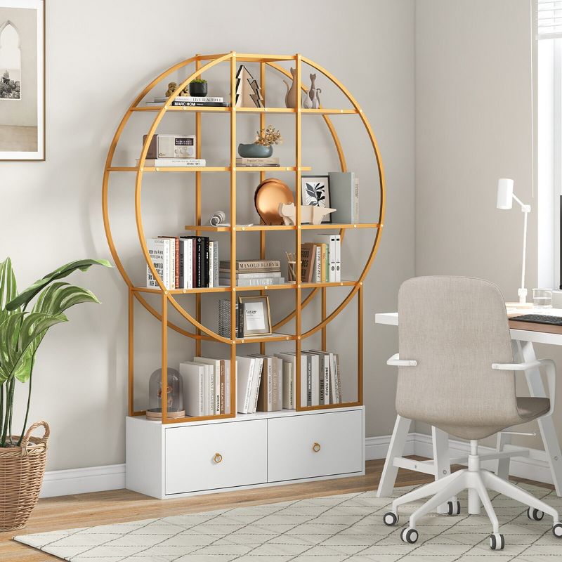 Tangkula 71" Tall Metal Bookcase 6-Tier Gold Bookshelf w/ 2 Storage Drawers Home Office, 4 of 11