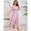 Women's Plus Size Maxi Dress Square Neck Short Sleeve Smocked Flowy Boho Floral Print Casual Summer Wedding Party Dresses - 4 of 4