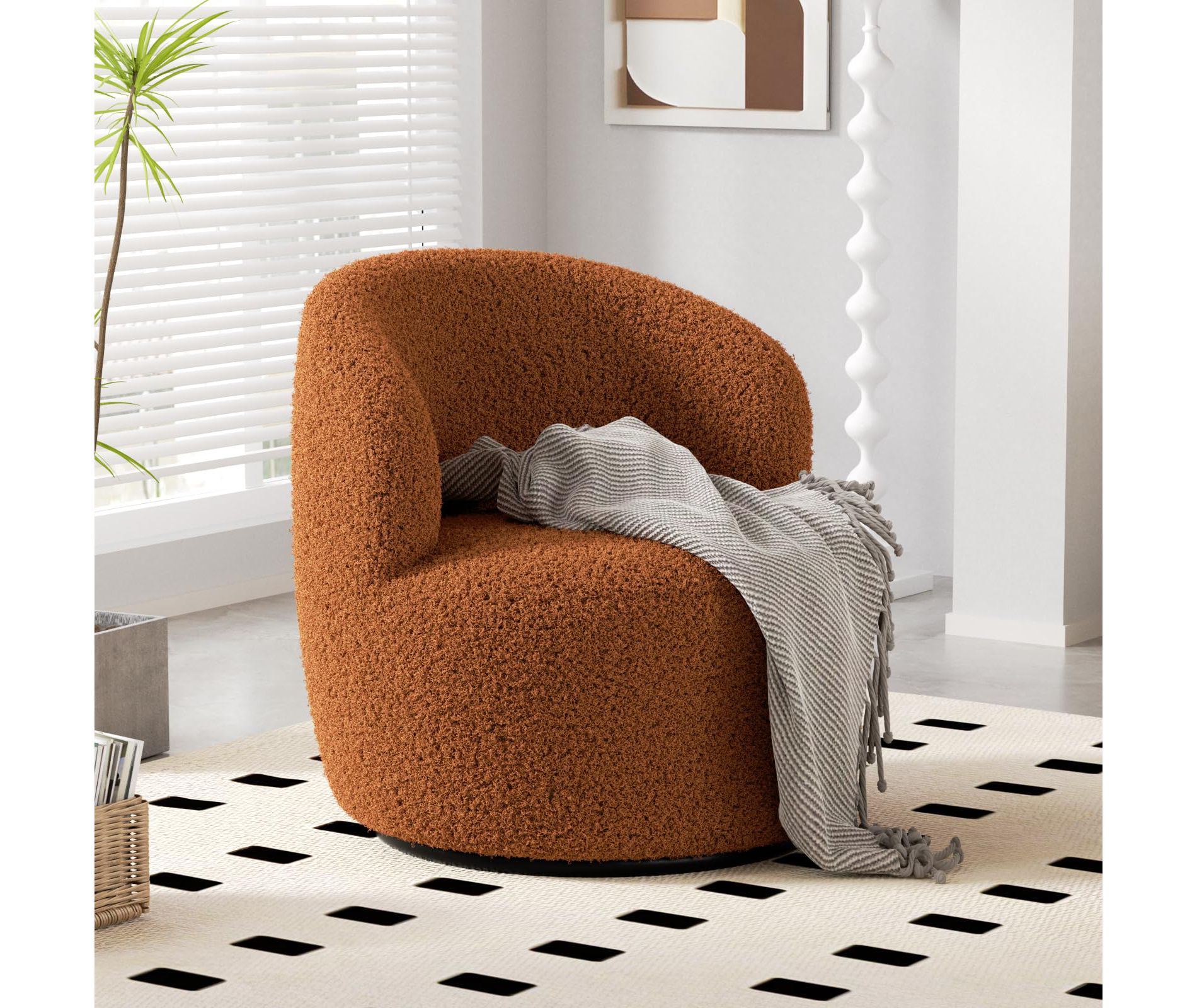 Swivel Accent Chair, 360° Small Round Barrel Chairs, Modern Cozy Faux Shearling Padded Armchair