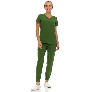 Saint Scrubs Womens 9-Pocket Medical Uniform Set- V-Neck Stretch Top with Seven Pocket Jogger Scrub Pant - 1 of 4