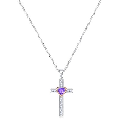 Molenia Birthstone Cross Necklace for Women, 925 Sterling Silver Heart Cross Pendant Necklace Fine Cross Jewelry Birthday Gifts for Her 18"+2" Inches
