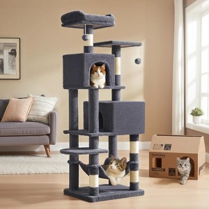 61-Inch Plush Multi-Level Cat Condo with 5 Scratching Posts, 2 Perches, 2 Caves, Hammock - 1 of 4