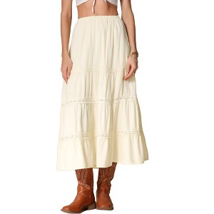 INSPIRE CHIC Women's Elastic High Waist Lace Trim Tiered Maxi Skirt - 1 of 4