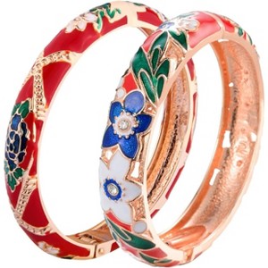 Vintage Cloisonne Enamel Rhinestone Rose Hinged Cuff Bracelet Bangle Set for Women - 1 of 4
