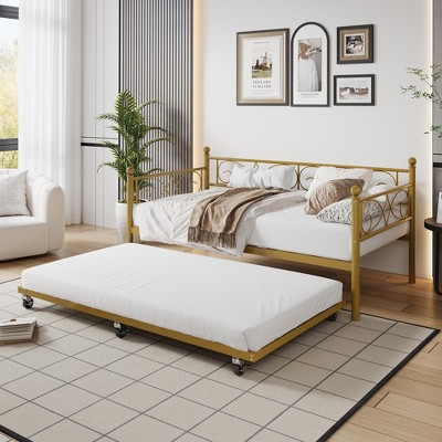 Homhougo Twin Daybed with Trundle, Metal Trundle Bed, Sofa Bed Frame, Heavy Duty Metal Slats Gold