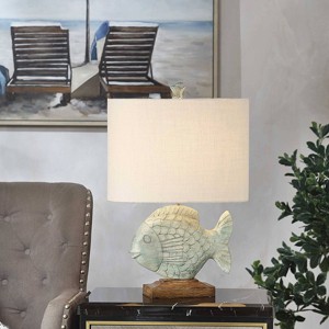 Coastal Cast 3-way Table Lamp Nemo Blue - StyleCraft: Polyresin Body, Oval Polyester Shade, UL Listed - 1 of 4
