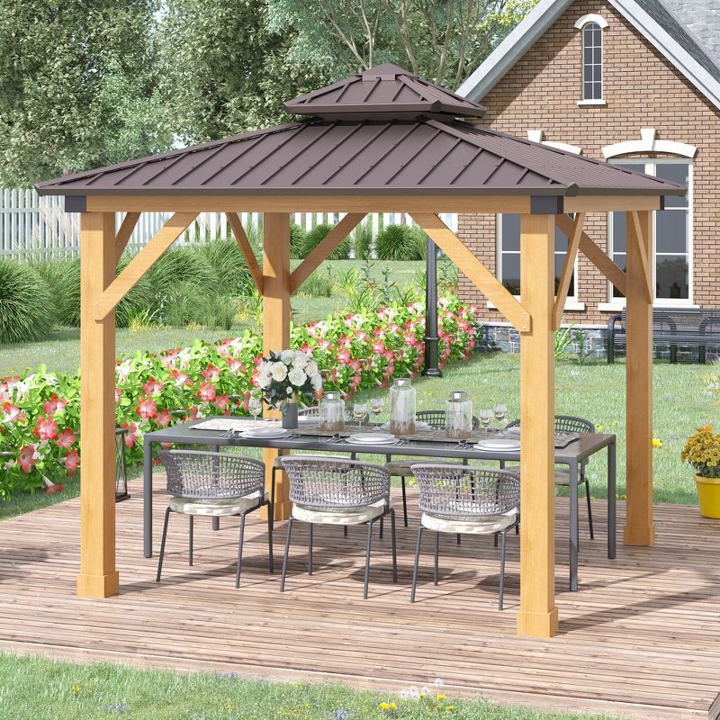 Outsunny 10x10 Hardtop Gazebo with Wooden Frame, Permanent Metal Roof Gazebo Canopy with Ceiling Light Hook for Garden, Patio, Backyard, 3 of 9