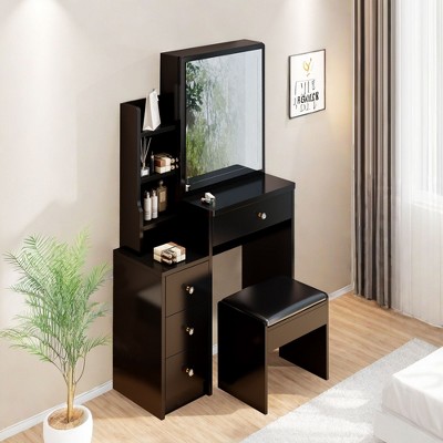 NicBex Sliding Mirror Vanity Desk, Space-Saving Makeup Table with Hidden Storage, 3 Lighting Modes & Cushioned Stool for Small Bedrooms, Black