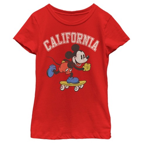 Girl's Disney Mickey Mouse California Skateboard T-Shirt - Red - Large
