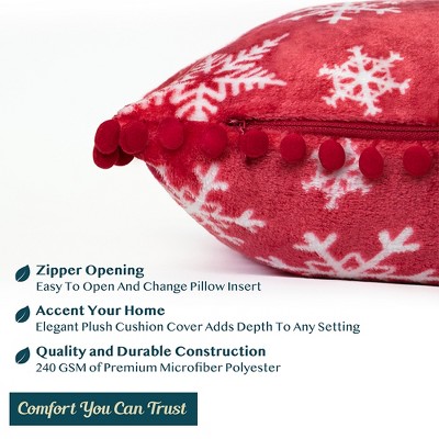 Red Snowflake Polyester Throw Pillow Covers with Pom Pom Fringe, 18x18, Set of 2