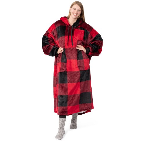 Pavilia Wearable Blanket Hoodie Adults Faux Shearling Cozy Oversized Hooded Sweatshirt Warm Fleece Two Pockets plaid Red Adult Long Target