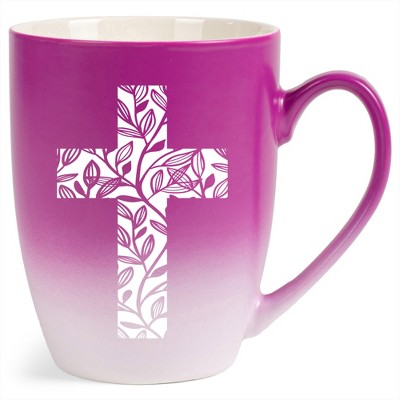 Elanze Designs Cross Leaf Two Toned Ombre Matte Pink and White 12 ounce Ceramic Stoneware Coffee Cup Mug