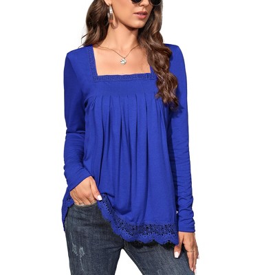 Womens Tops Long Sleeve Tunic Tops for Women Plus Size Square Neck T Shirt Solid Color Fall Lace Blouse
