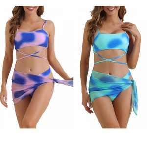 INSPIRE CHIC Women's Adjustable Spaghetti Straps Strappy Triangle Bottoms with Mesh Skirt Bathing Bikini Suit 2 Sets - 1 of 4