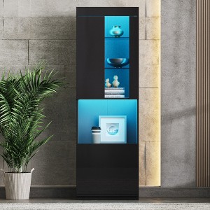 Vynxaria 67" High Gloss Storage Cabinet with LED Lights Modern Pantry, Bookcase & Display Cabinet with Acrylic Door and Tempered Glass Shelves, Black - 1 of 4