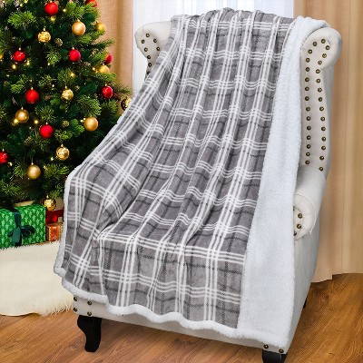 Plaid Grey Reversible Sherpa Fleece Throw Blanket, 50x60 inches