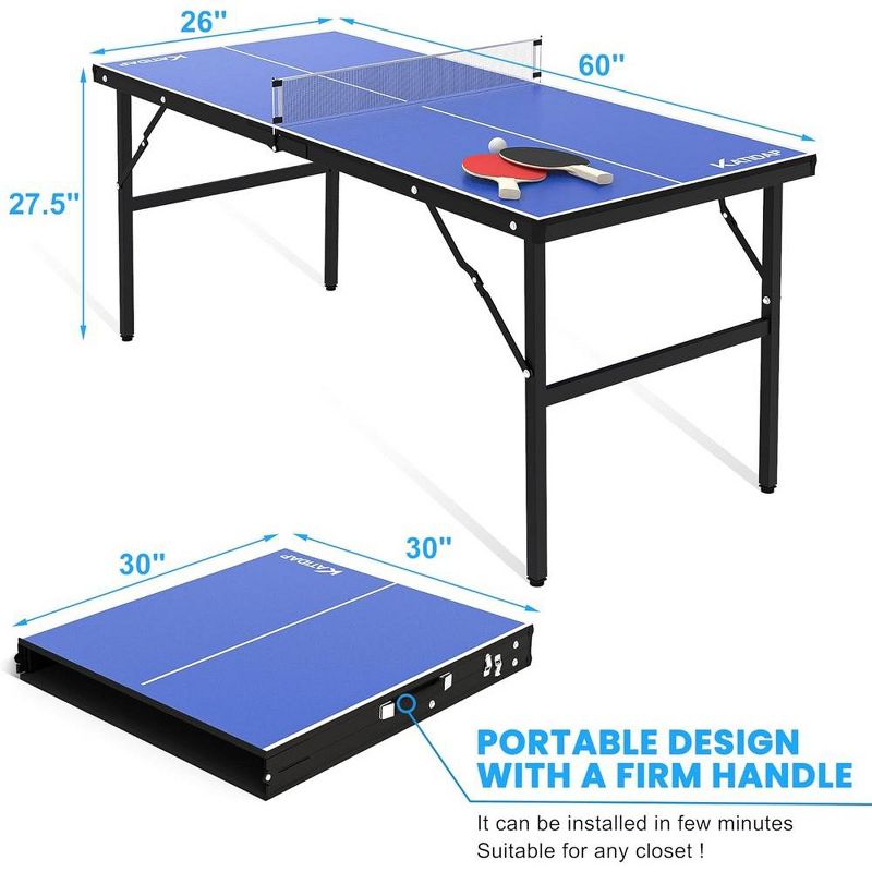Whizmax Portable Ping Pong Table, Mid-Size Foldable Tennis Table with Net for Indoor Outdoor, 60x26x27.5 Inch, Blue, 3 of 7