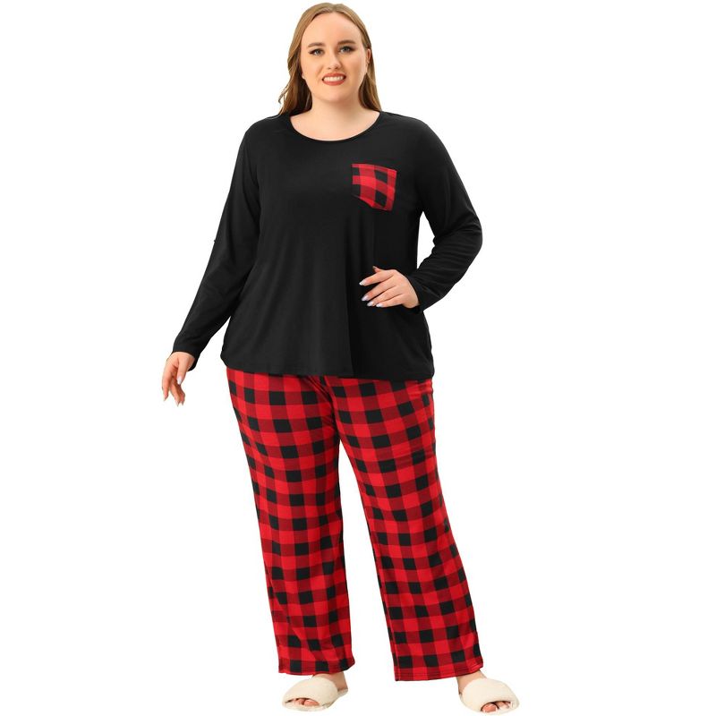 Agnes Orinda Women's Plus Size Check Stretch Glen Plaid Long Sleeve Pocket Casual Pajama Sets, 3 of 6