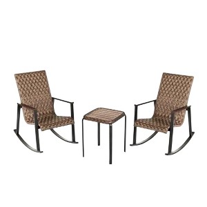 Four Seasons Courtyard Bayside 3 Piece All Weather Outdoor Wicker Woven Chat Furniture Set with 2 Rocking Chairs and Table, Brown - 1 of 4