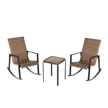 Four Seasons Courtyard Bayside 3 Piece All Weather Outdoor Wicker Woven Chat Furniture Set with 2 Rocking Chairs and Table, Brown