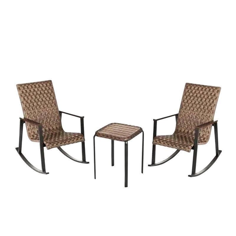 Four Seasons Courtyard Bayside 3 Piece All Weather Outdoor Wicker Woven Chat Furniture Set with 2 Rocking Chairs and Table, Brown, 1 of 7