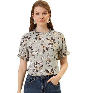 INSPIRE CHIC Women's Ruffled Short Sleeve Floral Mock Neck Summer Top - 1 of 4
