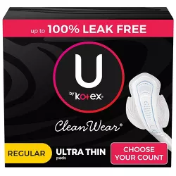 U by Kotex CleanWear Ultra Thin Fragrance Free Pads with Wings - Regular - Unscented - 32ct