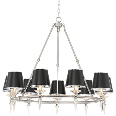 Stiffel Nickel Large Wagon Wheel Chandelier 37 1/2" Wide Modern Glass Black Shades 9-Light Fixture for Dining Room