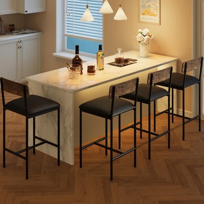 Bar Stools Set of 4, Kitchen Bar Stools with Footrest, PU Upholstered Counter Height Barstools