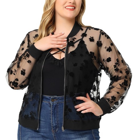 Orinda Women's Plus Size Bomber Sheer Floral Lace Long Jackets : Target